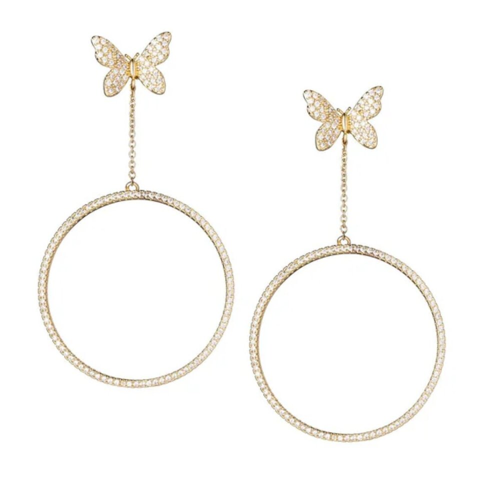 Gold Pave Butterfly Drop Hoop Earrings, Yellow Gold Tone 2.5" | NWT